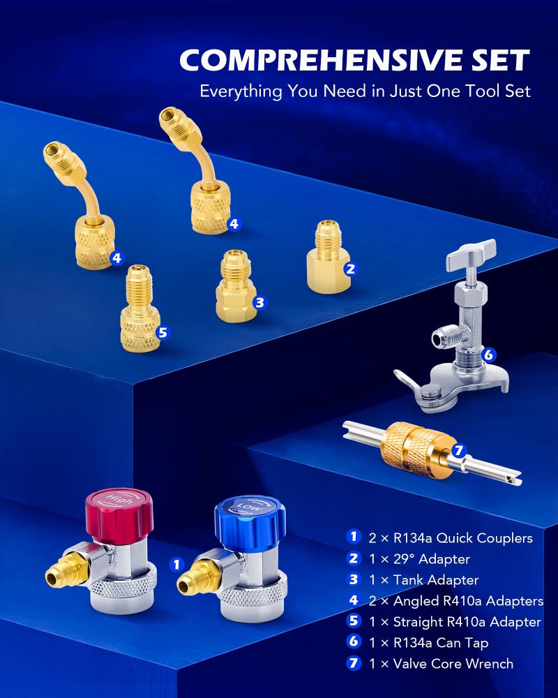 Orion Motor Tech 4 Way AC Gauge Set for R410a R22 R134a Refrigerant, 4 Valve Automotive AC Manifold with 5ft Hoses, R410a Adapters, Can Tap - Image 3